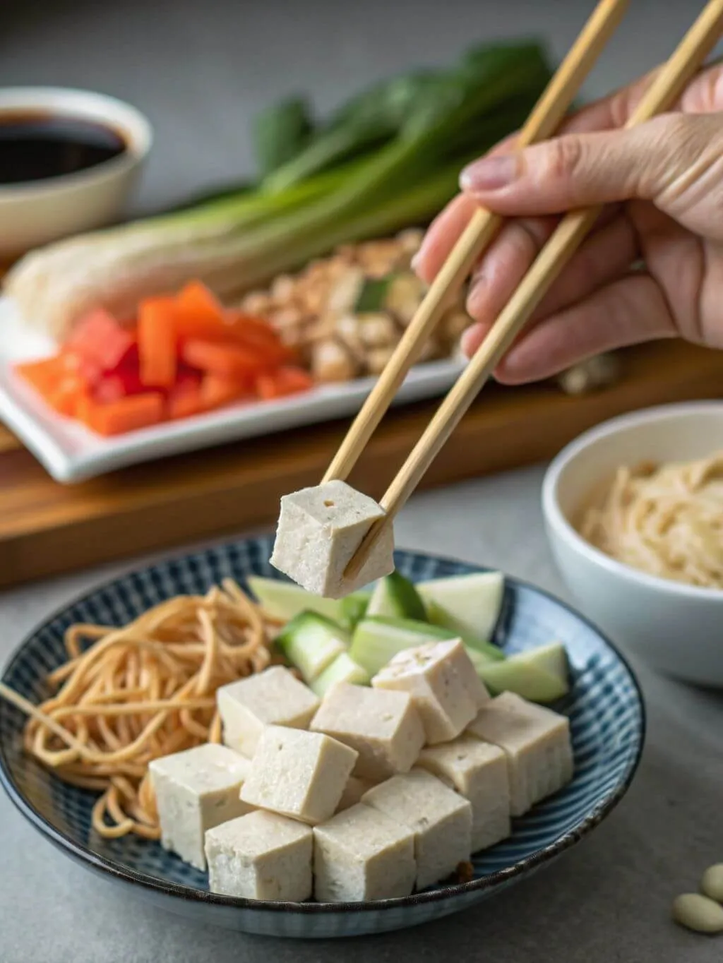 A close-up shot of a hand using light-colored wooden chopsticks to delicately pick up a single cube of white tofu from a blue and white patterned bowl. The bowl is filled with many tofu cubes, some thin brown noodles, and sliced cucumbers. In the blurred background, a white plate with chopped red carrots, nuts, and long green onions sits on a wooden board, with a small bowl of dark sauce.