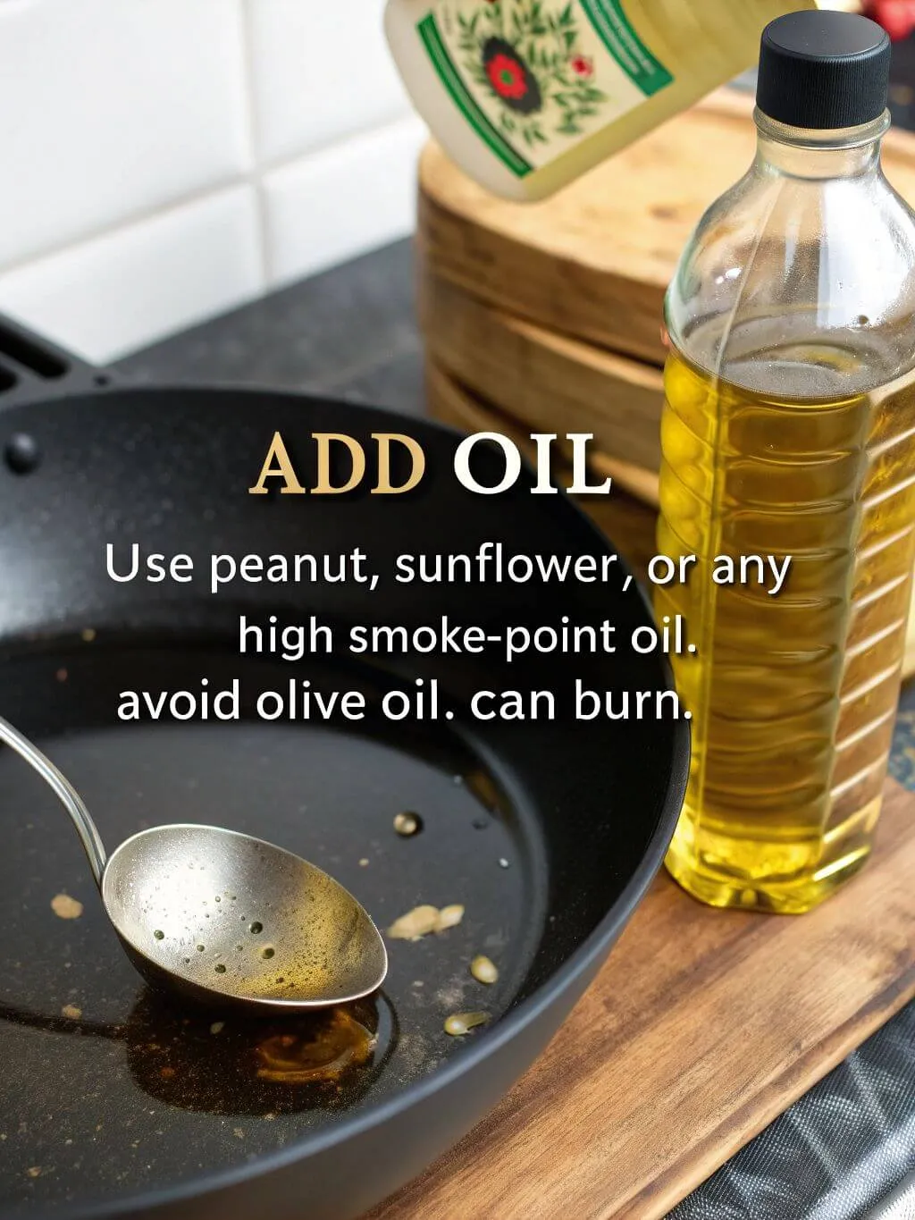 A hand pouring cooking oil from a clear bottle into a wok. Text overlay suggests using high smoke-point oils like peanut or sunflower oil.