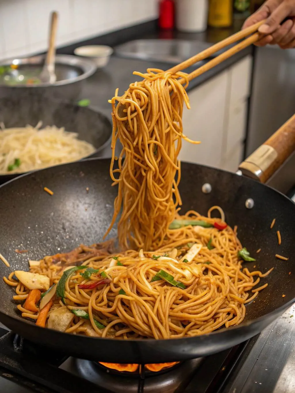 A pair of chopsticks lifting a large clump of cooked Hakka noodles with vegetables and chicken from a wok.