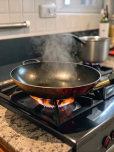 A wok is placed on a gas stove burner with a large flame, and steam is rising from the heated pan.