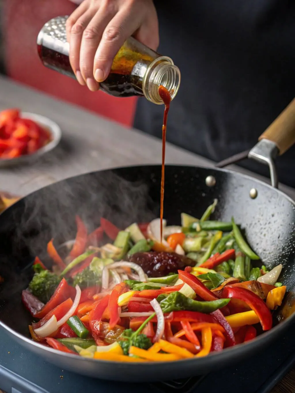 A hand pouring a dark sauce from a glass bottle into a wok filled with stir-fried vegetables.