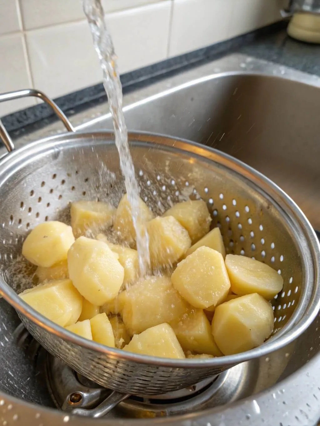 Peel and grate Water runs from a faucet over peeled, cubed potatoes in a metal colander, rinsing them in a stainless steel sink.
