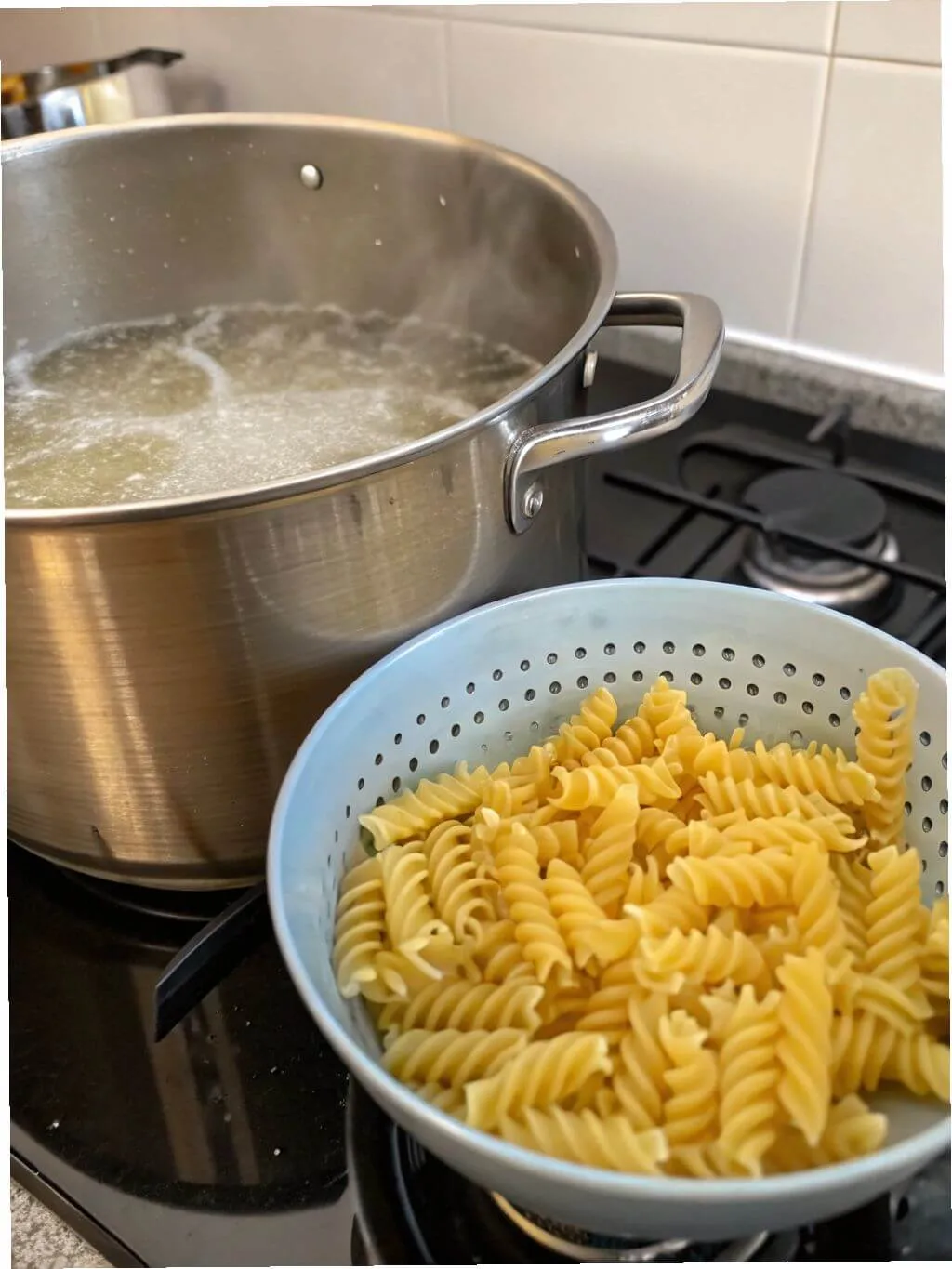 easy-antipasto-pasta-salad cook Rotini pasta boiling in pot and drained for Easy Antipasto Pasta Salad