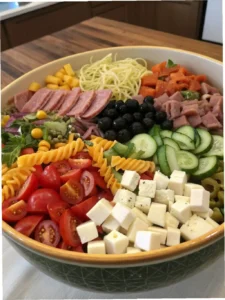 Fresh Italian pasta salad ingredients arranged in large mixing bowl