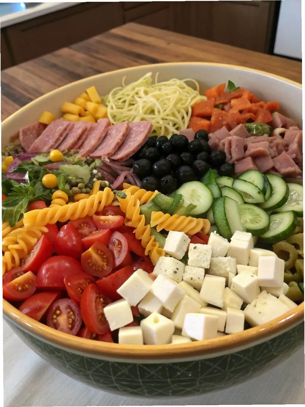 easy-antipasto-pasta-salad-mix Fresh Italian pasta salad ingredients arranged in large mixing bowl