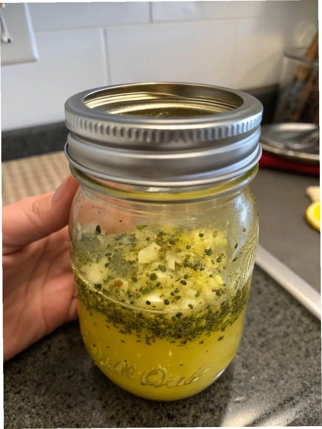 in-a-mason-jar--combine-olive-oil--lemon-juice--ga Homemade Italian dressing in mason jar for Easy Antipasto Pasta Salad
