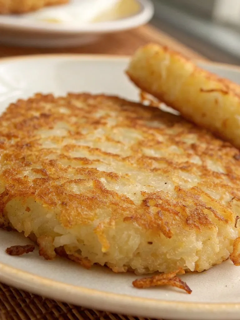mcdonald-s-hash-browns-serv A close-up of two crispy, round hash brown patties on a white plate. The front patty is in sharp focus, showing its lacy, golden-brown texture.
