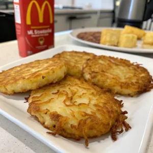 close-up shot of several round, crispy hash brown patties arranged on a white rectangular plate. A red McDonald's cup is visible in the blurry background.