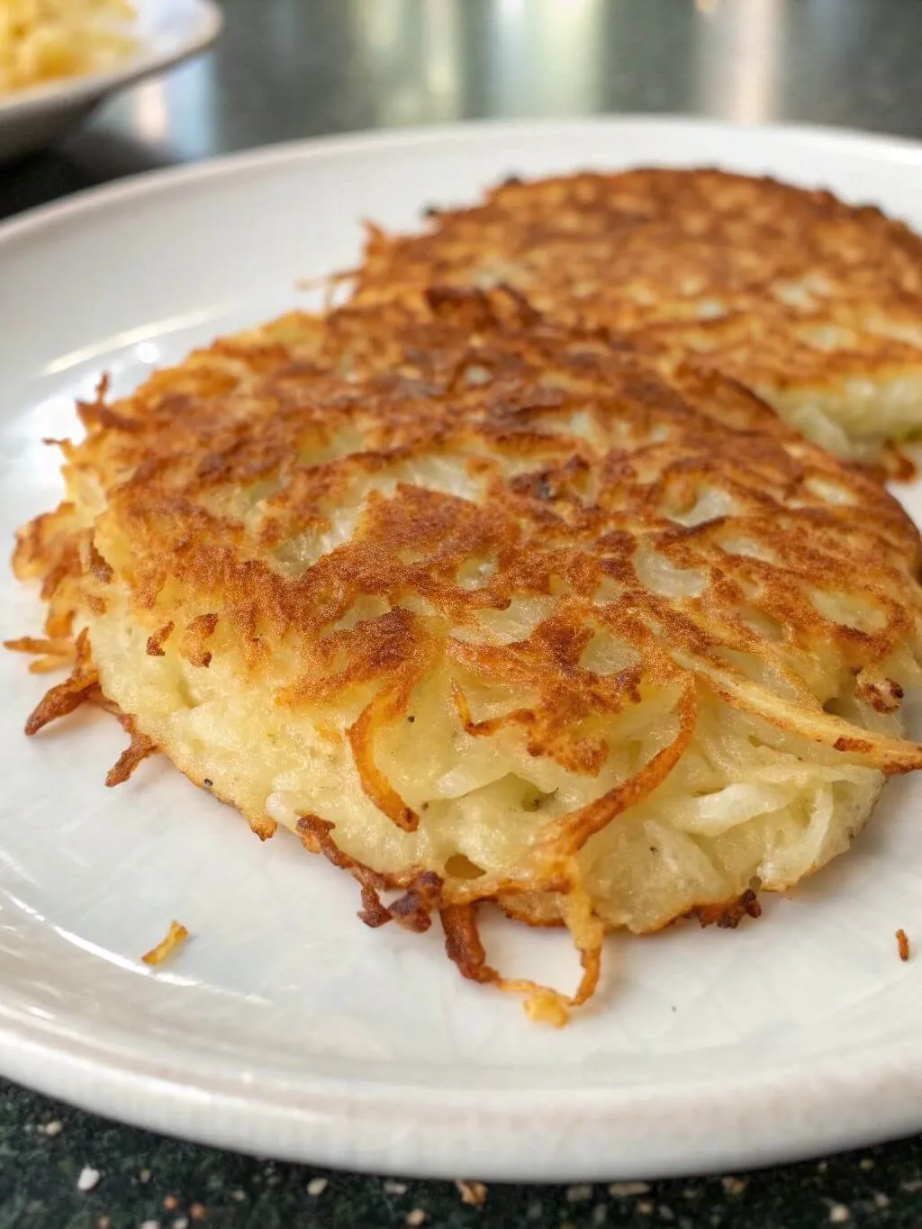 A close-up shot of a round, golden-brown hash brown patty with a perfect, crispy texture, resting on a beige plate. A second, blurry hash brown is visible in the background.