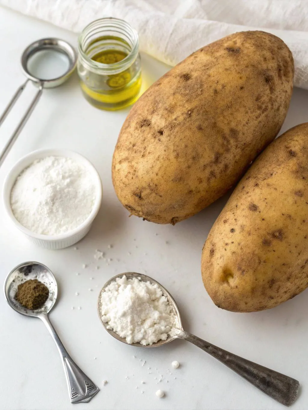 top-down-view-of-2-large-russet-potatoes--starchy A top-down view of two large russet potatoes on a white marble surface next to a bowl of white flour, a jar of olive oil, and two spoons, one with black pepper and the other with flour.