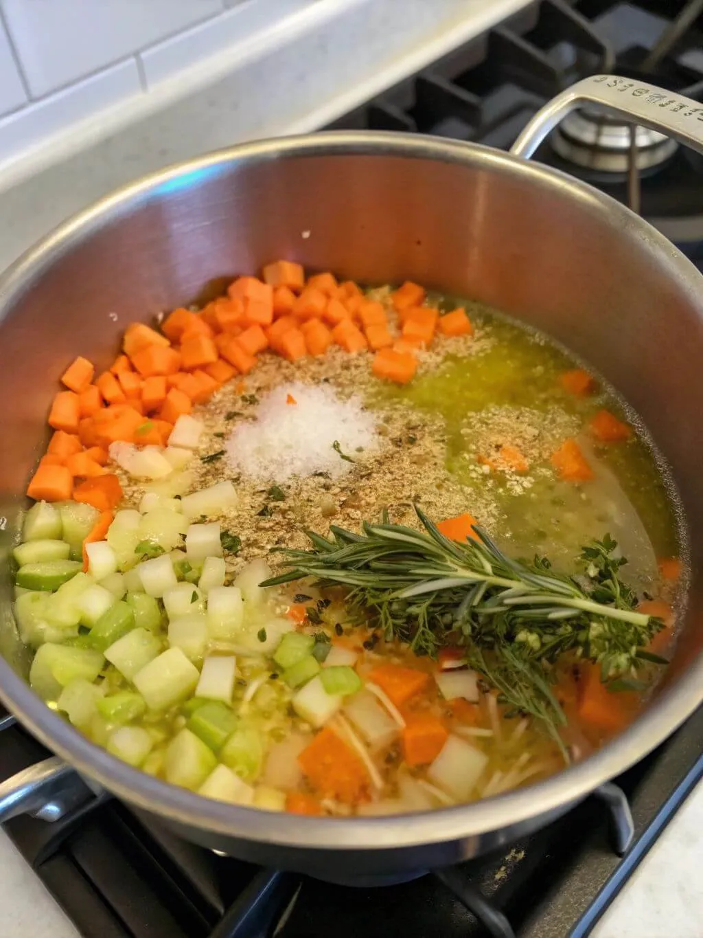 Add Broth and Seasonings A pot on a stovetop containing chopped carrots, celery, broth, herbs, and seasonings. The broth is a light yellow color and a sprig of fresh rosemary and thyme is placed in the center.