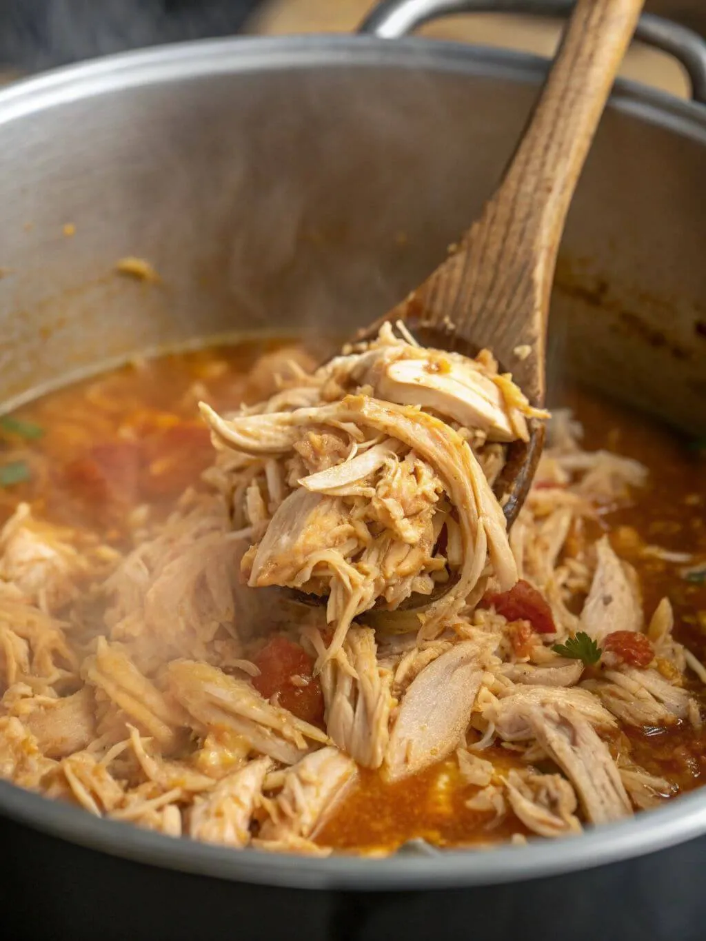 Add the Chicken A close-up shot of a large wooden spoon lifting shredded, cooked chicken out of a pot of soup. The chicken is light-colored and the soup broth is a reddish-orange. Steam is rising from the pot.