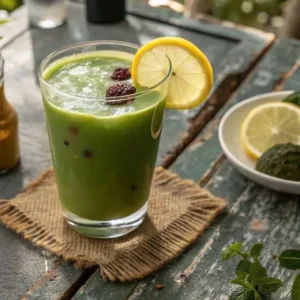 Japanese Mounjaro Recipe This vibrant green smoothie is garnished with a lemon slice and berries, and is a popular recipe for those on a Mounjaro diet.
