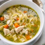 A close-up shot of a white bowl filled with chicken noodle soup. The soup has wide, curly noodles, pieces of chicken and carrots, and is garnished with green herbs. A shiny metal spoon is resting on the side of the bowl.