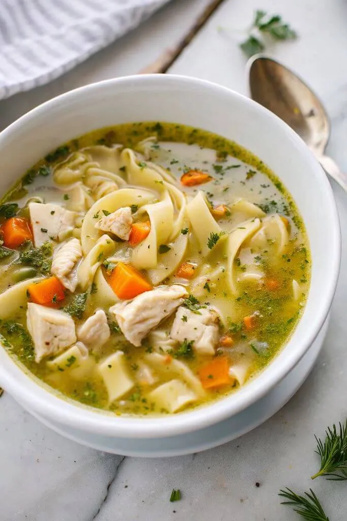 Chicken Noodle Soup A close-up shot of a white bowl filled with chicken noodle soup. The soup has wide, curly noodles, pieces of chicken and carrots, and is garnished with green herbs. A shiny metal spoon is resting on the side of the bowl.
