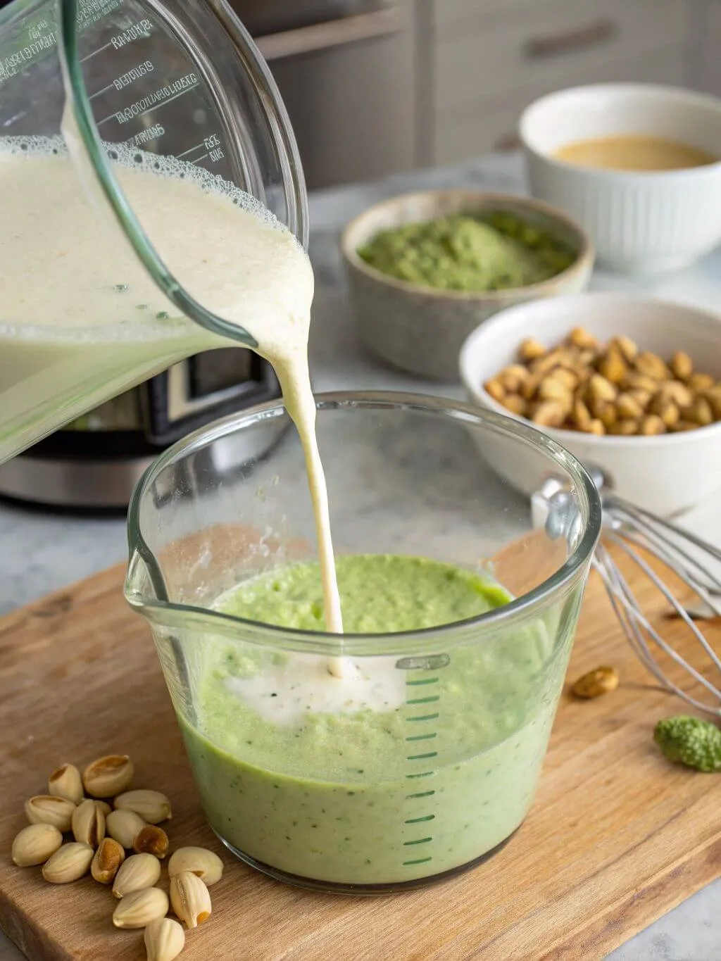 A large measuring cup with a handle is being used to pour a pale milk mixture into a glass bowl containing a green pistachio paste.