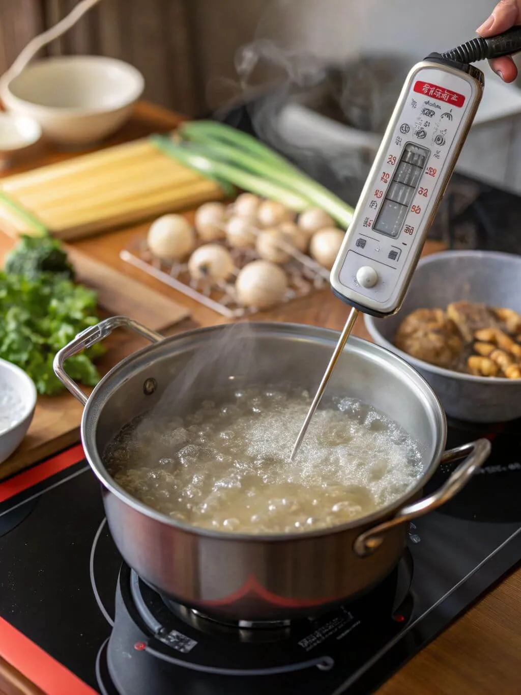 A stainless steel pot on a black induction cooktop contains bubbling water. A digital thermometer is submerged in the water, showing a precise temperature reading. In the background, various cooking ingredients like mushrooms, green onions, and other items are blurred on a wooden countertop.