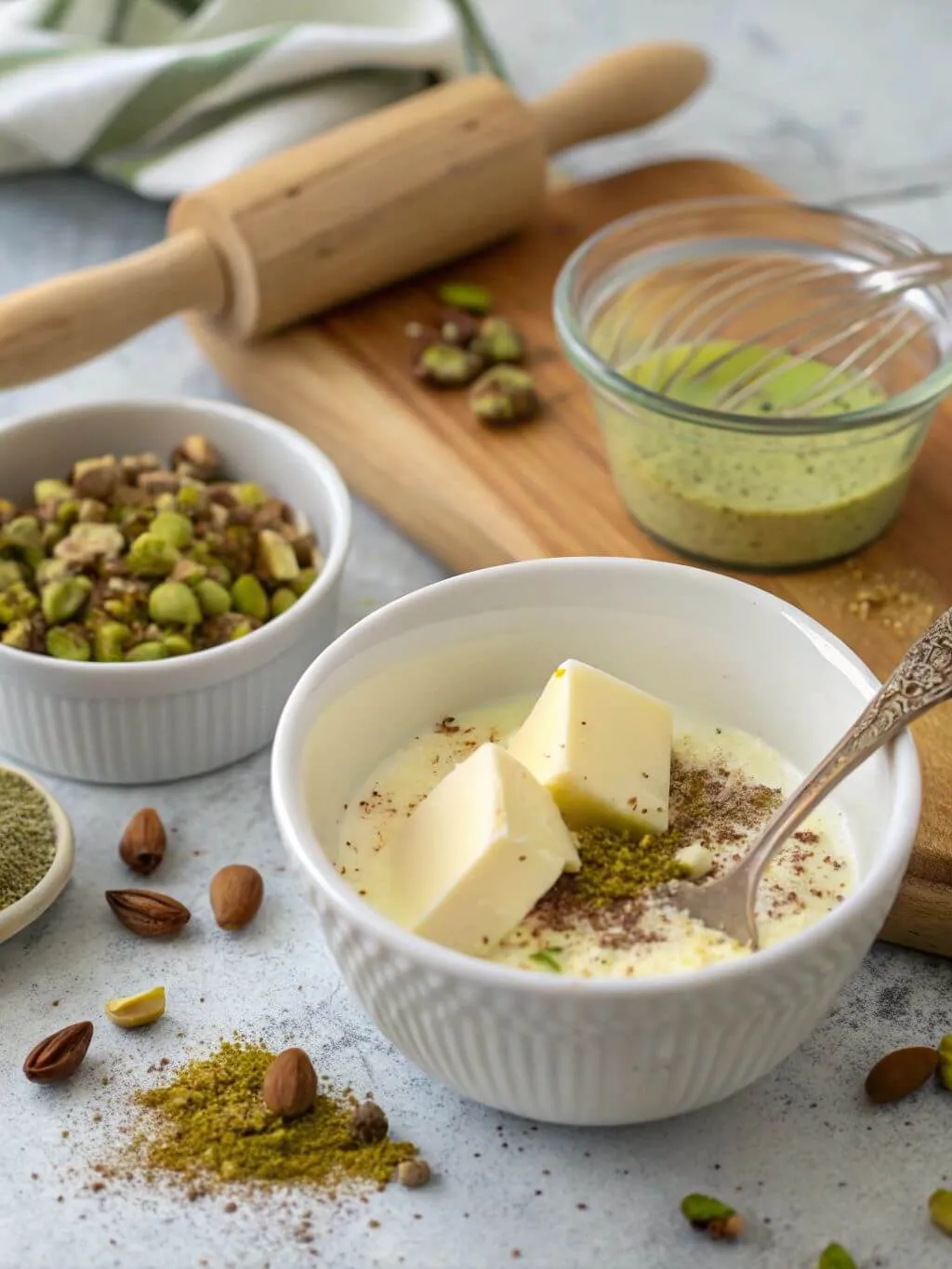 A small white bowl with cubes of butter and a sprinkle of pistachio powder, sitting on a counter next to a whisk and a bowl of chopped pistachios.