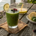 A tall glass of vibrant green smoothie sits on a rustic wooden table with a slice of lime on the rim and topped with two dark berries. In the background, there's another glass with a yellow drink and a small plate with a lemon and a lime.