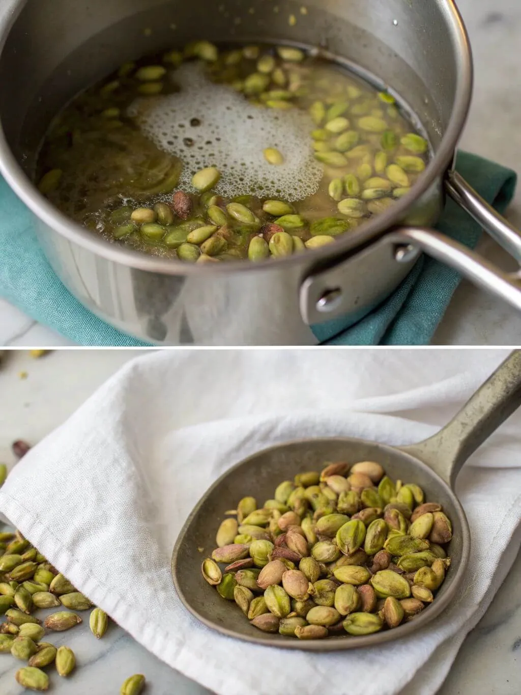 A saucepan on a stove filled with boiling water and shelled pistachios.