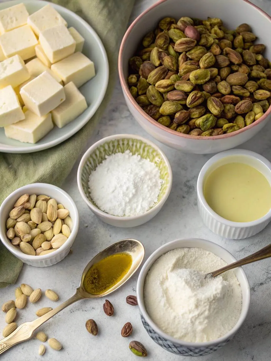 A flat lay of all the ingredients needed to make pistachio cream, including a bowl of shelled pistachios, small bowls of white chocolate, powdered sugar, pistachio paste, and milk, and a block of butter on a plate.