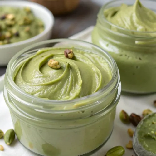A close-up view of a clear glass jar filled with a smooth, light green pistachio cream, garnished with a few whole pistachios. Other jars are blurred in the background.