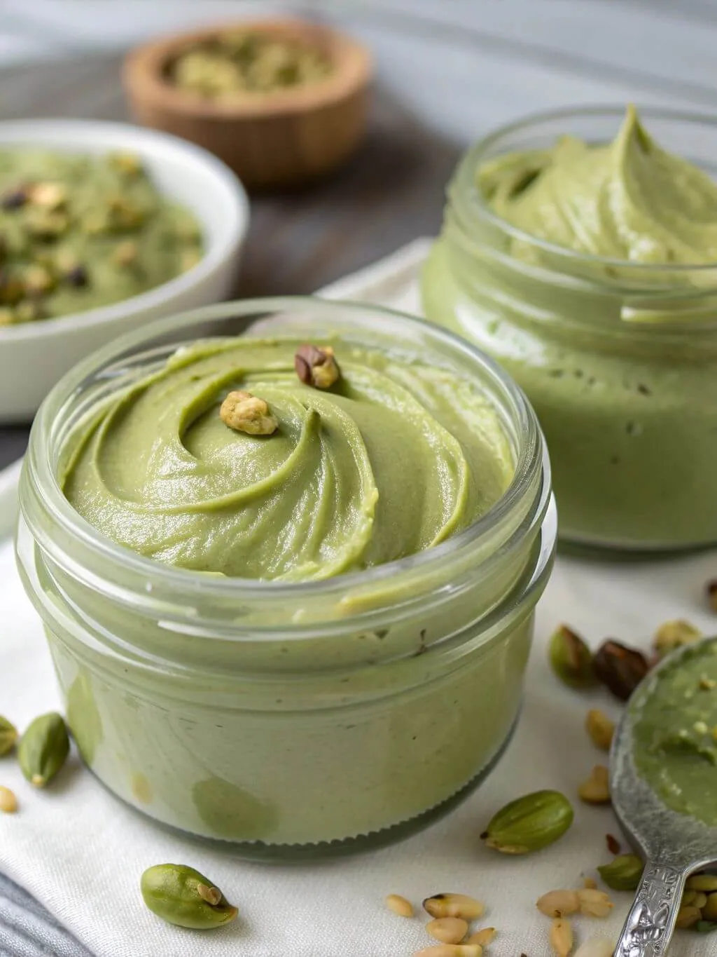 A close-up view of a clear glass jar filled with a smooth, light green pistachio cream, garnished with a few whole pistachios. Other jars are blurred in the background.