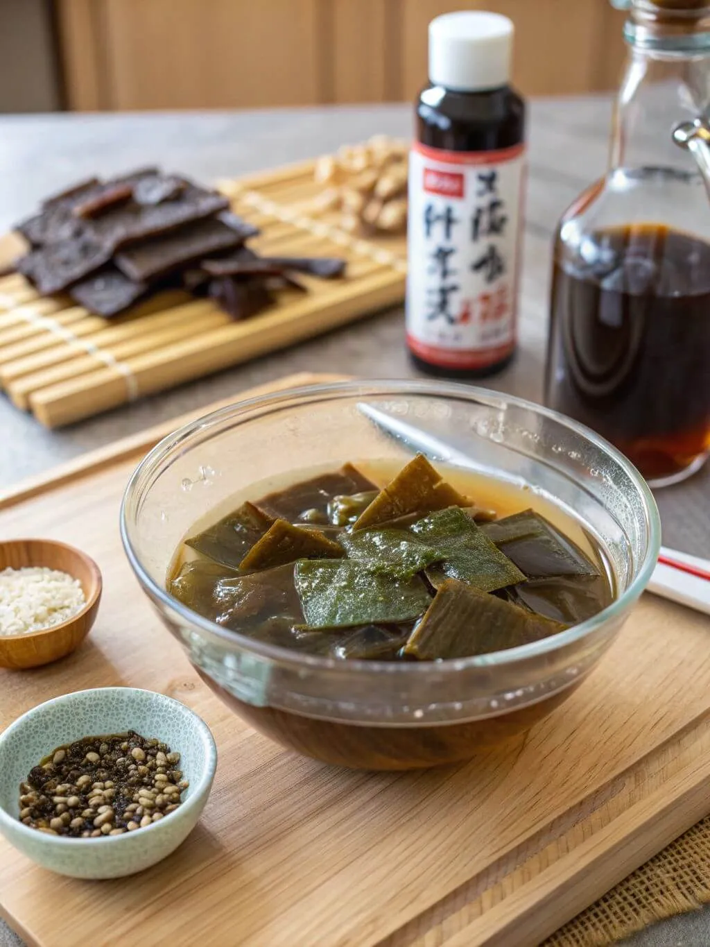 Kombu, a type of edible seaweed, is steeped in water to create a flavorful dashi stock base for many Japanese dishes.