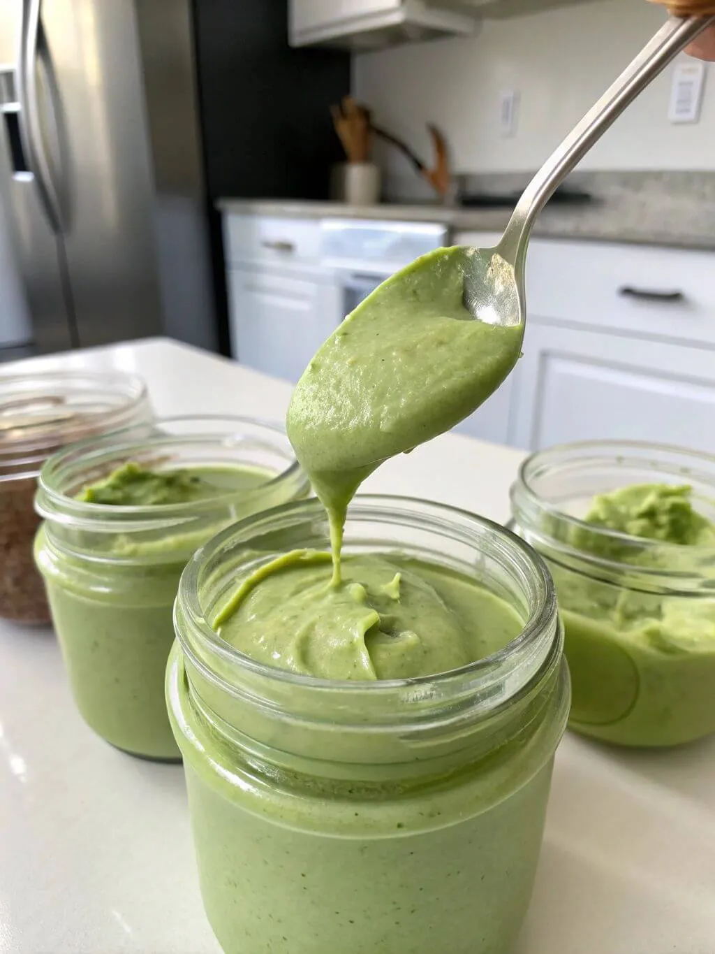A hand holds a spoon filled with a thick, light green pistachio cream, which drips into a clear glass jar. Several other jars of the cream are visible in the background.