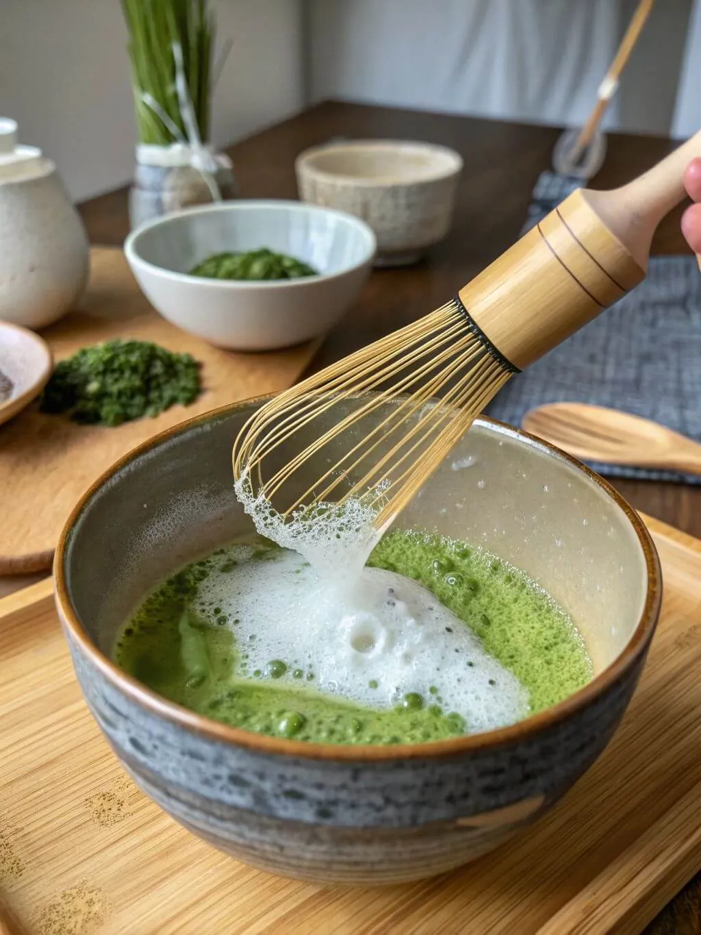 A hand holds a traditional bamboo whisk (chasen) and rapidly whips a bright green liquid in a grey ceramic bowl, creating a thick layer of white foam on top. In the background, other bowls with green powder and a bouquet of green shoots add to the serene, tea-making atmosphere.