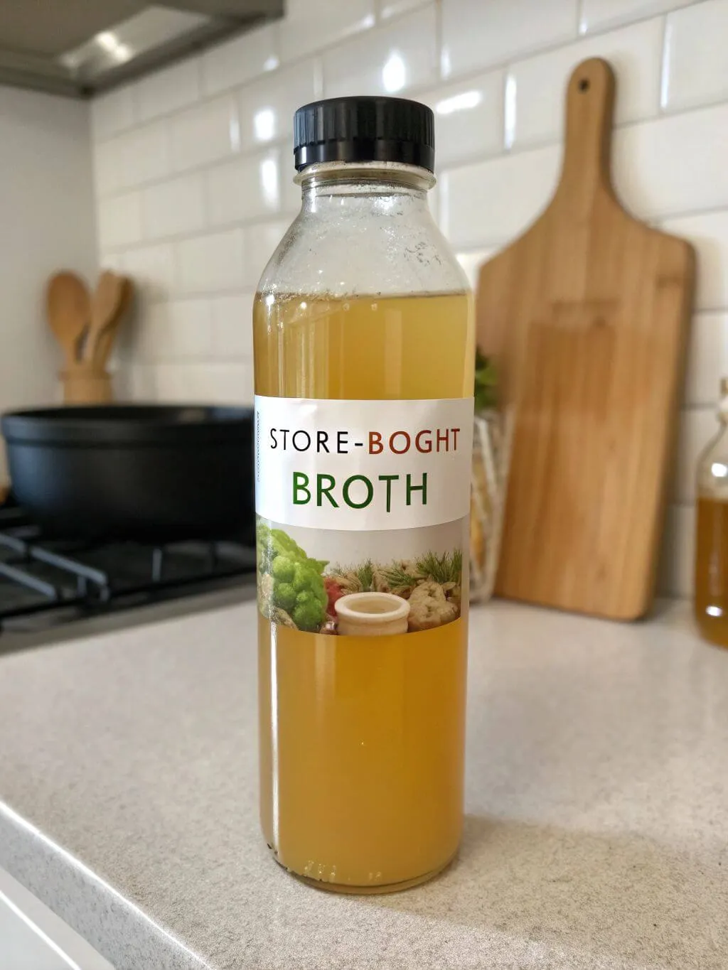 store-bought-broth A clear bottle of store-bought broth with a white and green label is sitting on a white kitchen counter. In the background, there is a frying pan and a wooden cutting board.